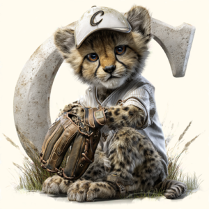 Photo of a cheetah dressing in a baseball uniform leaning against a giant letter C